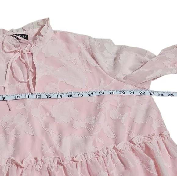 Eloquii Mini Pink Chiffon Tiered Ruffle Dress with Bow Neck Long Sleeve Boho - Picture 10 of 12